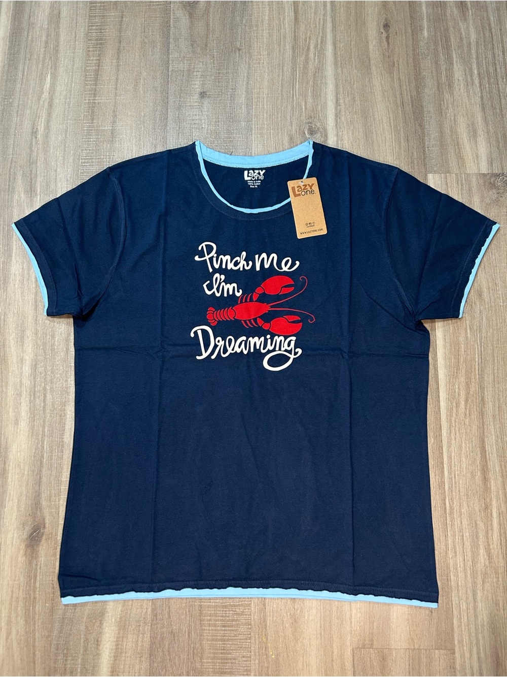 Lazy One Navy Tee with Light Blue Trim and Cream Script